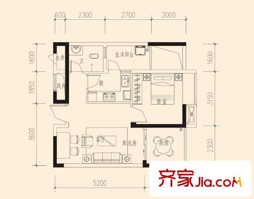 建工北城樂章戶型圖一期單體樓標準層F戶型 1室1廳1衛(wèi)1廚