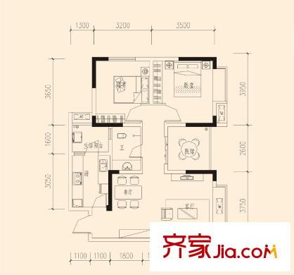 建工北城樂章戶型圖一期單體樓標準層E戶型 2室2廳1衛(wèi)1廚