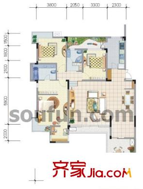 金科天籟城紫園戶型圖A2 3室2廳2衛(wèi)1廚