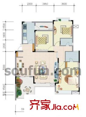 金科天籟城紫園戶型圖A5 3室2廳2衛(wèi)1廚