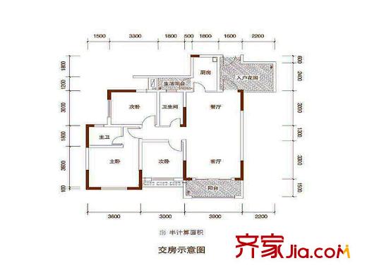 城南未來二期戶型圖1-4號樓標(biāo)準(zhǔn)層B戶型 3室2廳2衛(wèi)1廚