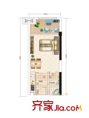 澤京微V戶型圖一期B棟標準層c-4戶型 1室1廳1衛(wèi)1廚