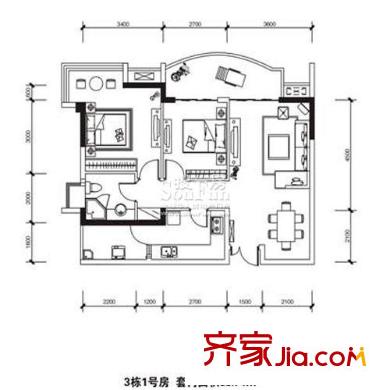 長(zhǎng)安麒麟公館戶型圖3號(hào)樓1號(hào)房 2室2廳1衛(wèi)1廚