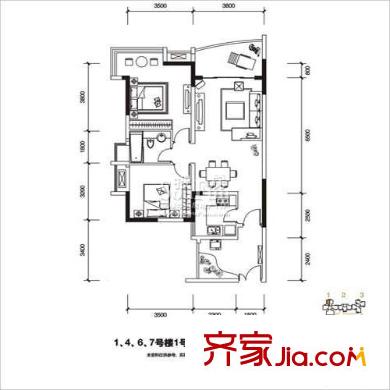 長(zhǎng)安麒麟公館戶型圖1、4、6、7號(hào)樓1號(hào)房 2室2廳1衛(wèi)1廚