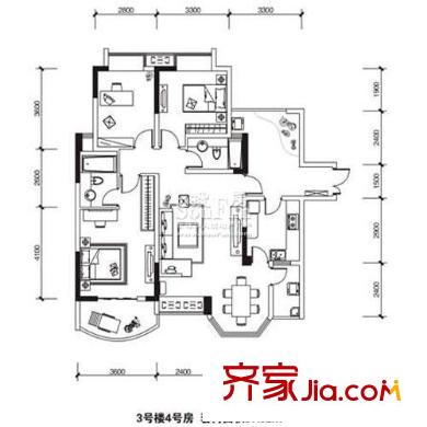 長安麒麟公館戶型圖3號樓4號房 3室2廳2衛(wèi)1廚