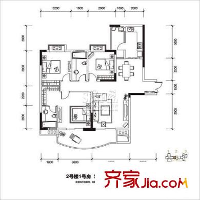 長安麒麟公館戶型圖2號樓1號房 3室2廳2衛(wèi)1廚
