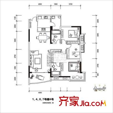 長安麒麟公館戶型圖1、4、6、7號樓4號房 3室2廳2衛(wèi)1廚