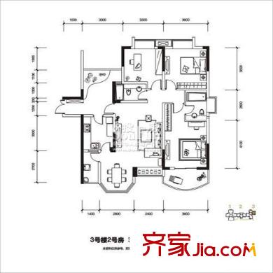 長(zhǎng)安麒麟公館戶型圖3號(hào)樓2號(hào)房 3室2廳2衛(wèi)1廚