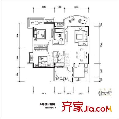長(zhǎng)安麒麟公館戶型圖5號(hào)樓3號(hào)房 3室2廳2衛(wèi)1廚