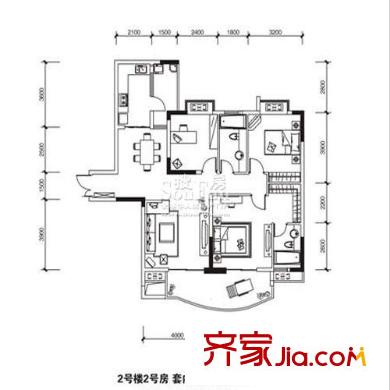 長安麒麟公館戶型圖2號樓2號房 3室2廳2衛(wèi)1廚