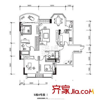 長安麒麟公館戶型圖5號樓4號房 2室2廳2衛(wèi)1廚