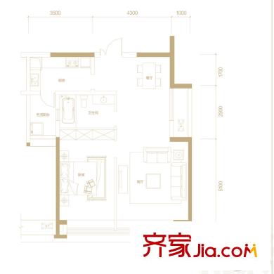 中渝香奈公館一期1/2/3/4/5號樓標(biāo)準(zhǔn)層C1戶型 1室2廳1衛(wèi)1廚