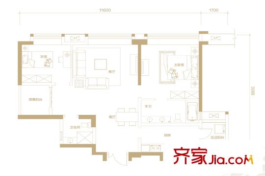 中渝香奈公館一期1/2/3/4/5號樓標(biāo)準(zhǔn)層A3戶型 2室2廳2衛(wèi)1廚