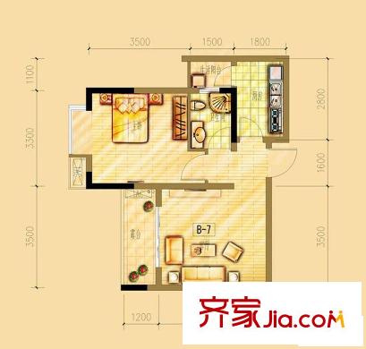 碧水云天戶型圖一期8號(hào)樓標(biāo)準(zhǔn)層B7戶型 1室2廳1衛(wèi)1廚