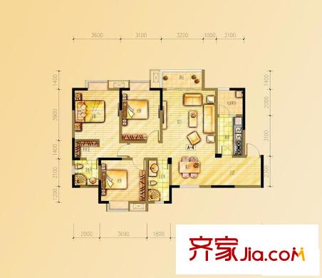 碧水云天戶型圖一期8號(hào)樓標(biāo)準(zhǔn)層A4戶型 3室2廳2衛(wèi)1廚