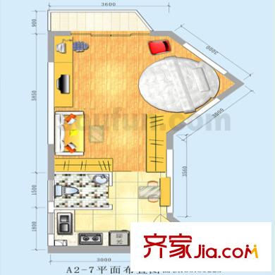 自由左岸戶型圖A2-7號 1室1廳1衛(wèi)1廚