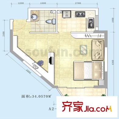 自由左岸戶型圖A2-2號 1室1廳1衛(wèi)1廚