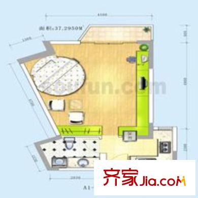 自由左岸戶型圖A1-15 1室2廳1衛(wèi)1廚