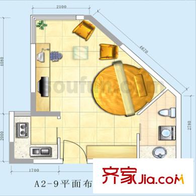 自由左岸戶型圖A2-9號 1室1衛(wèi)1廚
