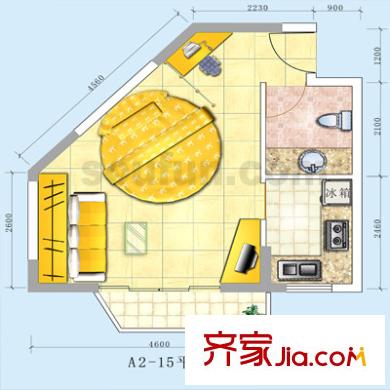 自由左岸戶型圖A2-15號 1室1廳1衛(wèi)1廚