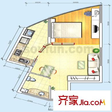 自由左岸戶型圖A1-10 1室2廳1衛(wèi)1廚