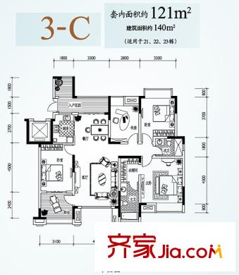 天景雨山前戶型圖三期21、22、23號(hào)樓平層C戶型 4室2廳2衛(wèi)1廚