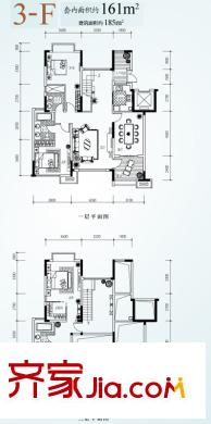 天景雨山前戶型圖三期21號樓躍層F戶型 3室2廳3衛(wèi)1廚