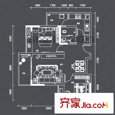 國盛偉岸濱洲戶型圖2號樓J戶型 2室2廳1衛(wèi)1廚