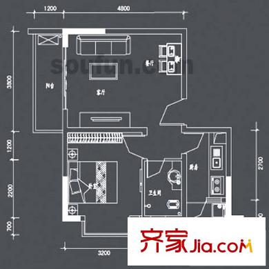 國(guó)盛偉岸濱洲戶型圖3號(hào)樓G戶型 1室1廳1衛(wèi)1廚