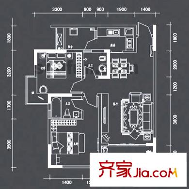 國(guó)盛偉岸濱洲戶型圖2號(hào)樓H戶型 2室2廳2衛(wèi)1廚