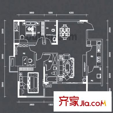 國盛偉岸濱洲戶型圖2號樓K戶型 3室2廳2衛(wèi)1廚
