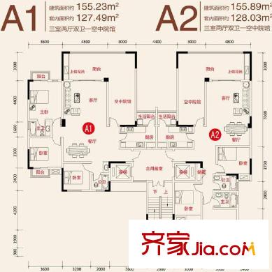金易伯爵世家戶(hù)型圖一期3幢標(biāo)準(zhǔn)層A1、A2戶(hù)型 3室2廳2衛(wèi)1廚