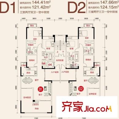 金易伯爵世家戶型圖一期3幢標(biāo)準(zhǔn)層D1/D2戶型 3室3廳3衛(wèi)1廚
