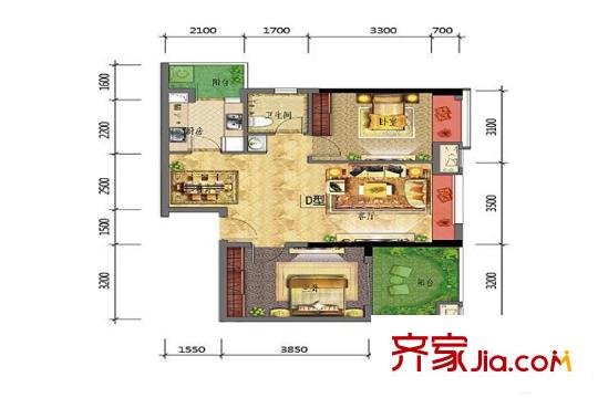 皇庭珠寶城一期3號(hào)樓標(biāo)準(zhǔn)層D戶(hù)型 1室2廳1衛(wèi)1廚