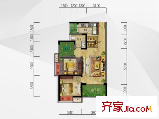 皇庭珠寶城一期1/2號(hào)樓標(biāo)準(zhǔn)層A戶(hù)型 2室2廳1衛(wèi)1廚