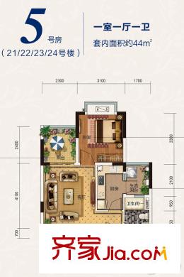 恒大照母山山水城21-24幢標(biāo)準(zhǔn)層5號房戶型 1室1廳1衛(wèi)1廚