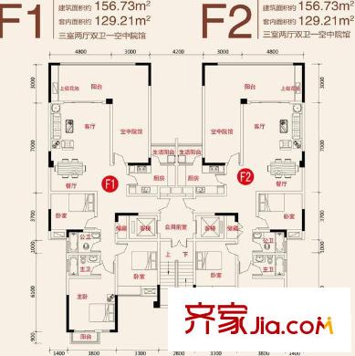 金易伯爵世家戶型圖一期3幢標(biāo)準(zhǔn)層F1/F2戶型 3室2廳2衛(wèi)1廚