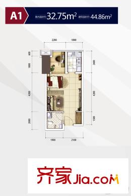 首創(chuàng)鴻恩國際生活區(qū)三期戶型圖超高層1、2號樓標準層A1戶型 1室1廳1衛(wèi)1廚