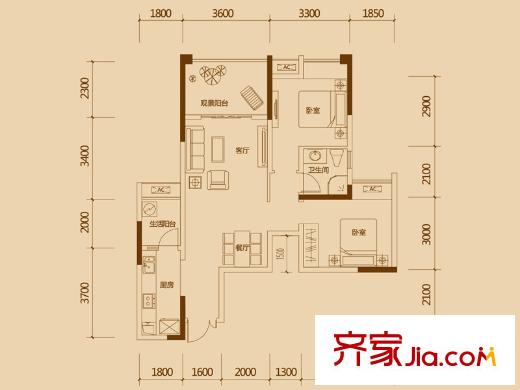 首創(chuàng)鴻恩國際生活區(qū)三期戶型圖高層1、18、22號樓標準層D4戶型 2室2廳1衛(wèi)1廚