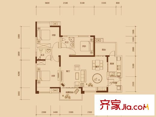 首創(chuàng)鴻恩國際生活區(qū)三期戶型圖高層2、3、5、6號樓標準層F1戶型 3室2廳2衛(wèi)1廚