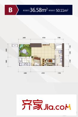 首創(chuàng)鴻恩國際生活區(qū)三期戶型圖超高層1、2號樓標準層B戶型 1室1廳1衛(wèi)1廚