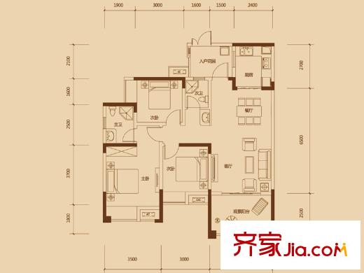 首創(chuàng)鴻恩國際生活區(qū)三期戶型圖高層2、3、5、6號樓標準層F2戶型 3室2廳2衛(wèi)1廚