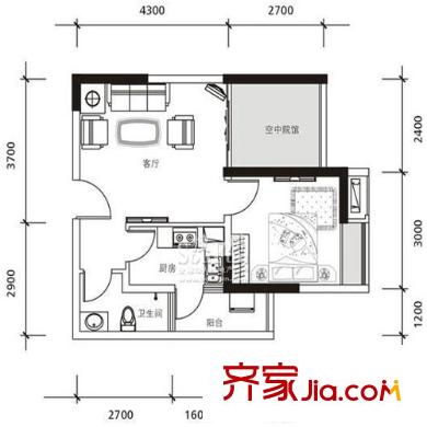 鼎祥風(fēng)華美錦戶型圖1-B2 1室1廳1衛(wèi)1廚