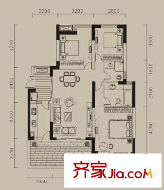 浩博方山境戶型圖一期4號樓標(biāo)準(zhǔn)層B1戶型 3室2廳2衛(wèi)1廚