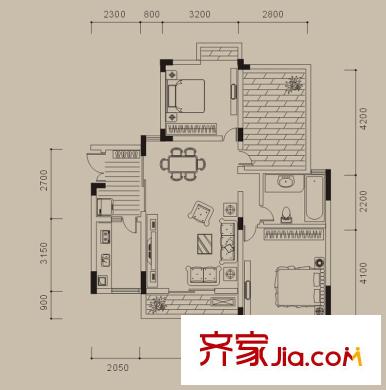 浩博方山境戶型圖一期3號樓標(biāo)準(zhǔn)層A7戶型 2室2廳1衛(wèi)1廚