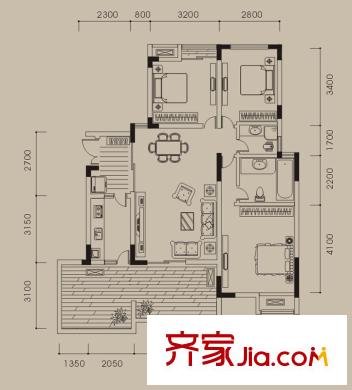 浩博方山境戶型圖一期2號樓標(biāo)準(zhǔn)層A4戶型 3室2廳2衛(wèi)1廚