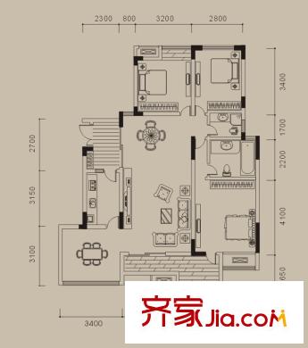 浩博方山境戶型圖一期2號樓標(biāo)準(zhǔn)層A3戶型 3室3廳2衛(wèi)1廚