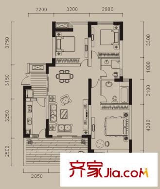 浩博方山境戶型圖一期4號樓標(biāo)準(zhǔn)層B3戶型 3室2廳2衛(wèi)1廚