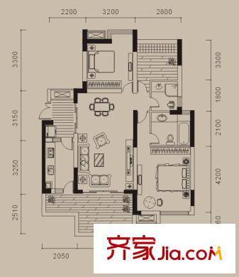 浩博方山境戶型圖一期3號樓標(biāo)準(zhǔn)層B8戶型 2室2廳2衛(wèi)1廚