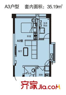 綠地新都會戶型圖一期3幢標準層A3戶型 1室1廳1衛(wèi)1廚